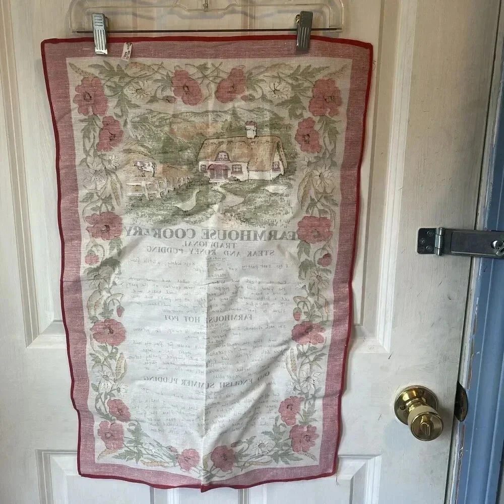 VTG Irish Tea Towel HOME MADE Farmhouse RECIPE Hot Pot Pudding Cotton Kitchen